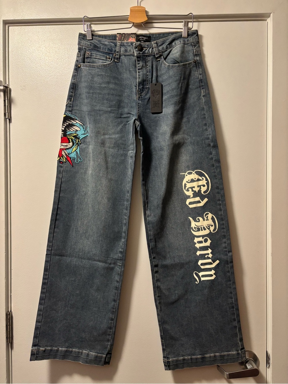NWT Ed Hardy Embroidered Eagle Heart Patch Wide Leg Jeans 28